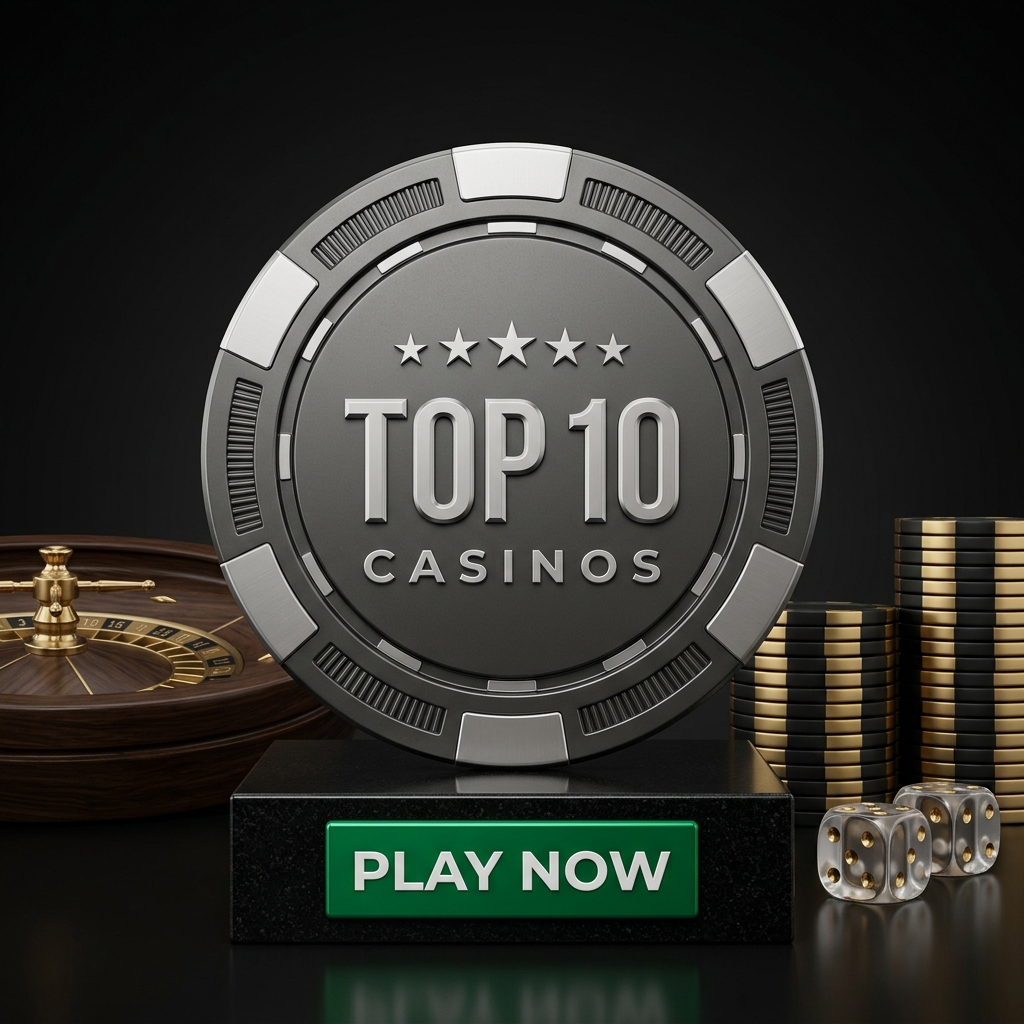 A large silver casino chip reading Top 10 Casinos, standing on a plinth beside a roulette wheel, stacked chips and dice.